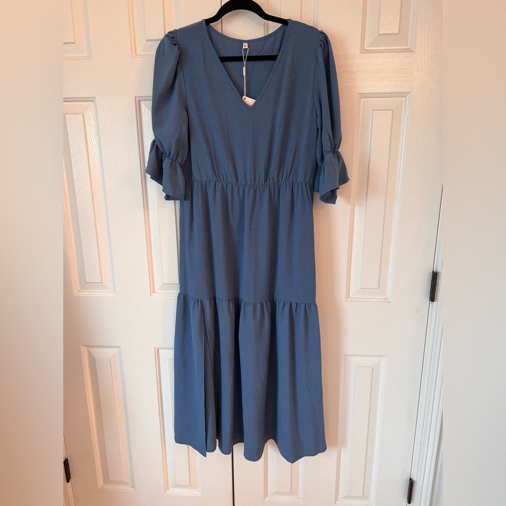 V Neck 3/4 Puff Sleeve Smocked Long Ruffle Midi Dress - Picture 7 of 8